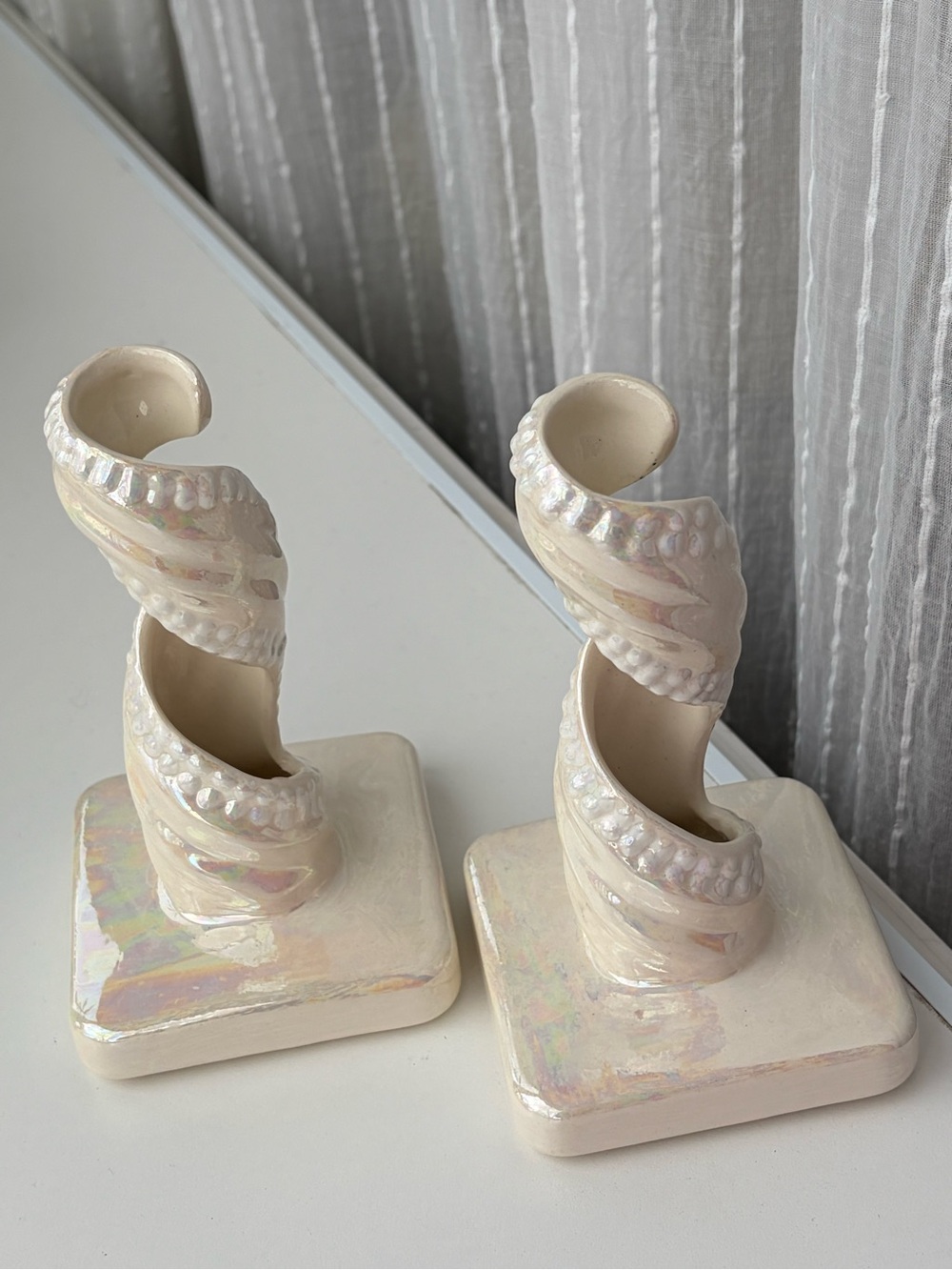 VTG Iridescent Ceramic Octopus Candle Holders Wedding Art Deco Hollywood Regency